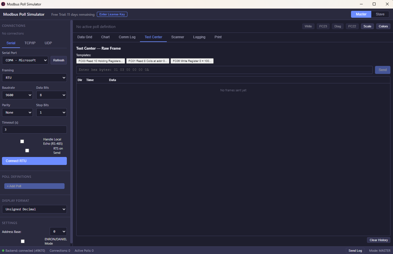 Modbus Simulator - Connection settings