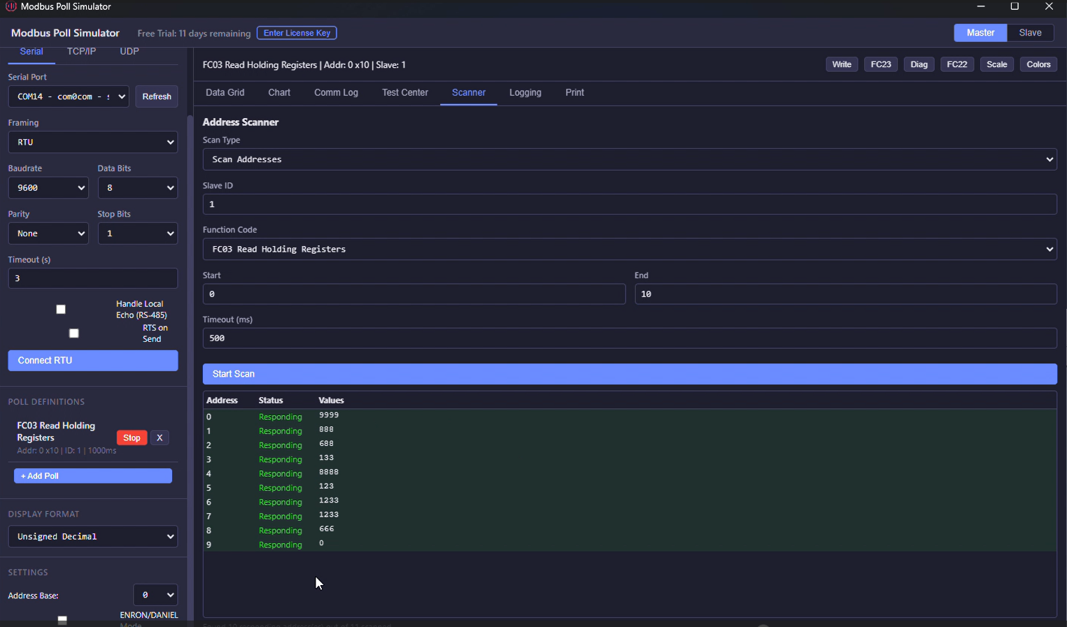 Modbus Simulator - Address Scanner discovering devices